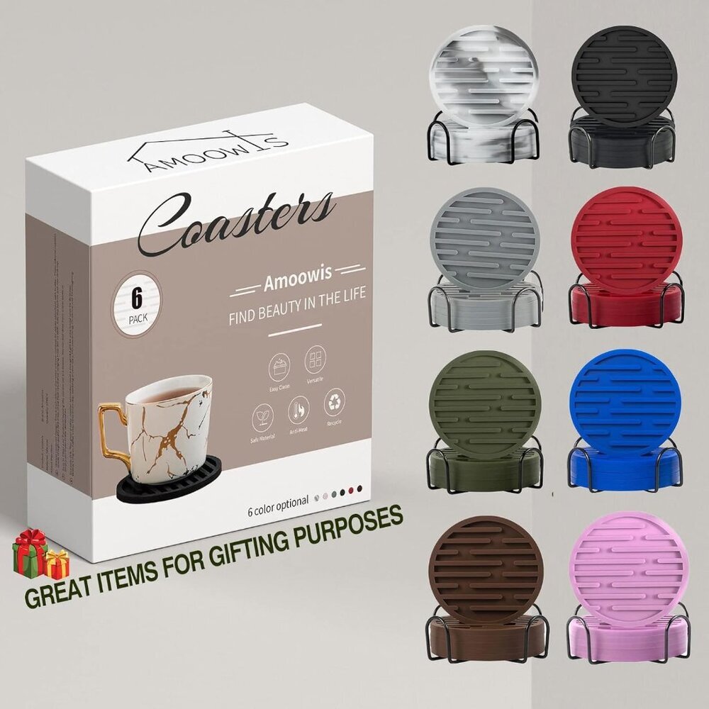 Silicone Coasters for Drinks Set of 6 with Holder - Waterproof Non-Slip Reusable - Picture 7 of 8